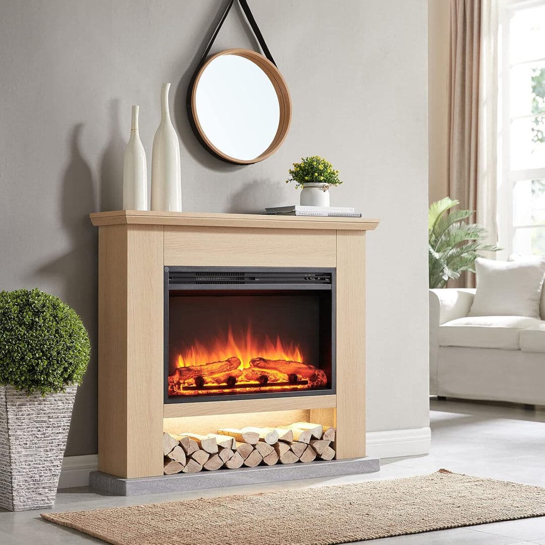 FLAMME Electric Fire and Surround, Freestanding Suite, Beadell Natual Oak 88cm H x 100cm W x 25cm D
