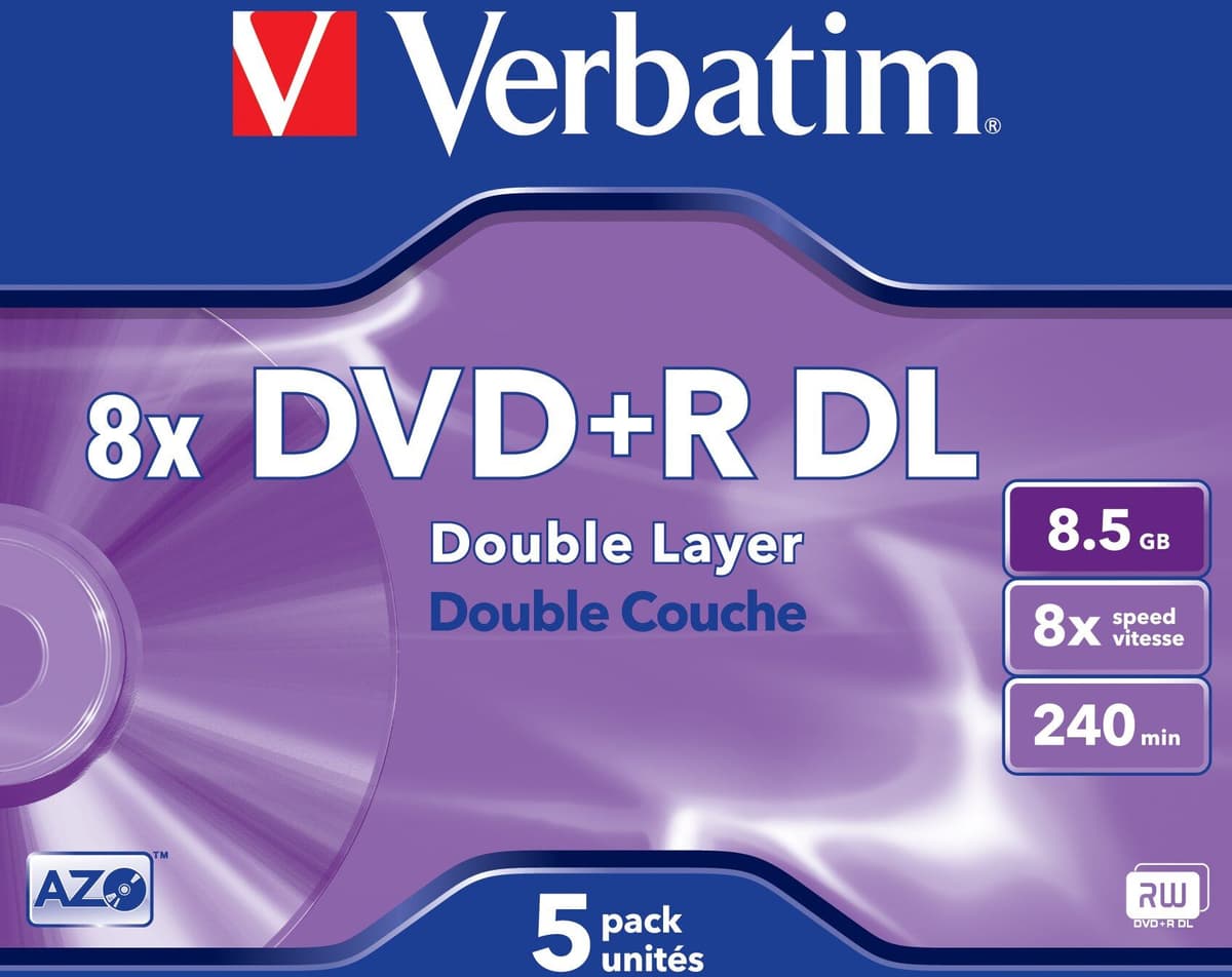 Verbatim DVD+R DL 8.5GB 8x Blank DVDs - 5 Pack, Jewel Case (43541)