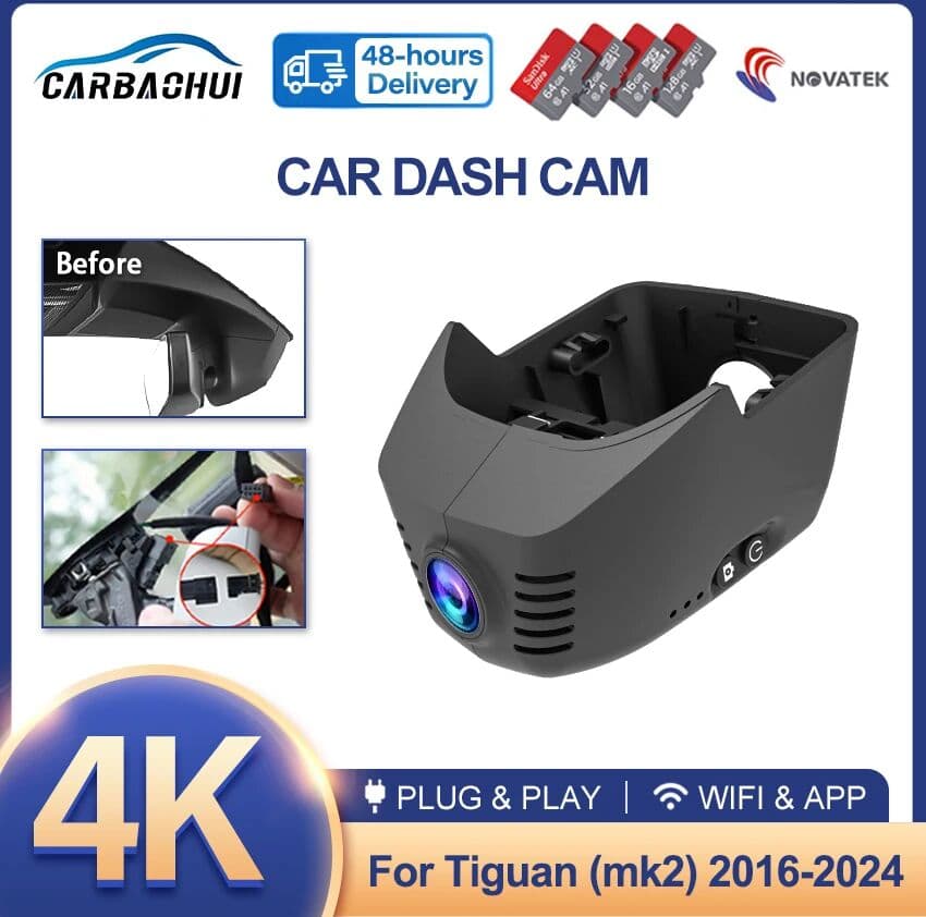 CARBAOHUI For Volkswagen VW Tiguan (Mk2) 2016 2017 2018 2019 2020 2021 2022 2023 2024 Hidden 4K UHD 2160P Wifi Car Dvr Dash Cam Camera