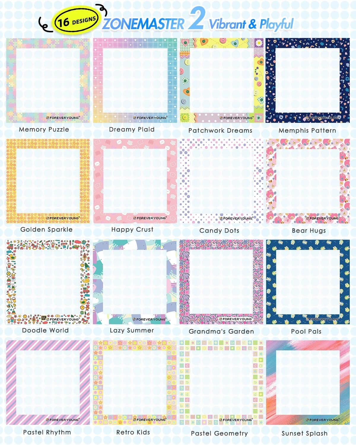 forever young Foreveryoung ZoneMaster 2 Reusable Diamond Painting Section Release Film, 16 Vibrant Playful Cute Border Patterns