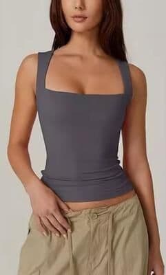On Spot Shop Women's Y2K Pink Goth Tank Top, 2025 Summer Sleeveless Crop Top, Square Neck Double Layer Tight Fit Tee grey xl