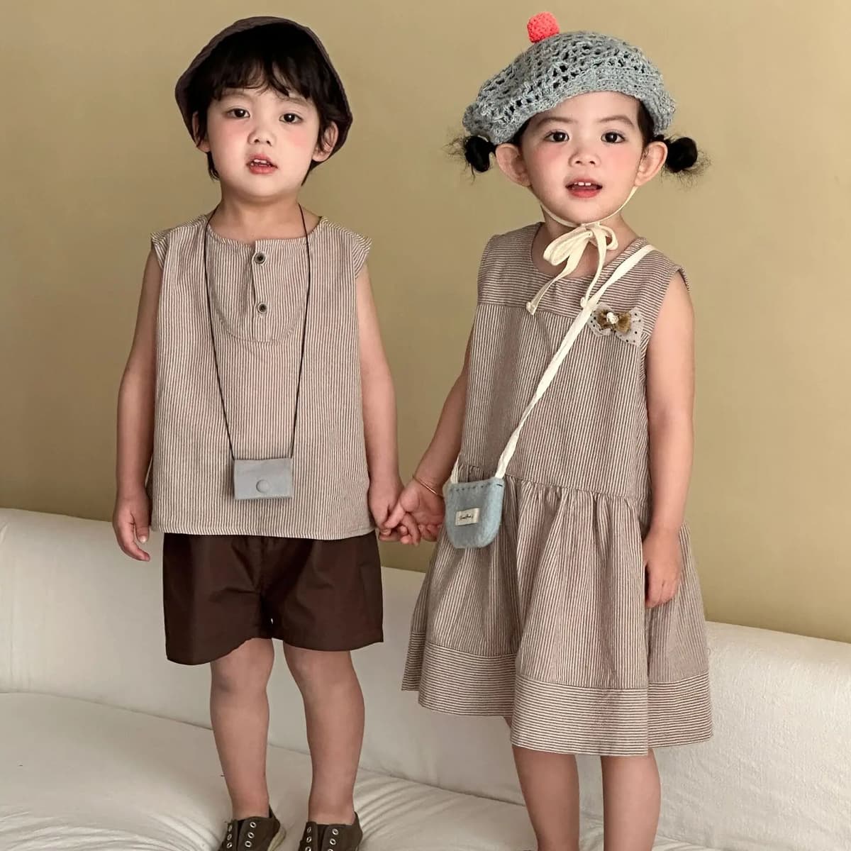 AllChild 2026 Summer  Children Sleeveless Clothes Set Boys Striped Tops + Shorts 2pcs Suit Girls Vest Dress Brother Sisters Outfit