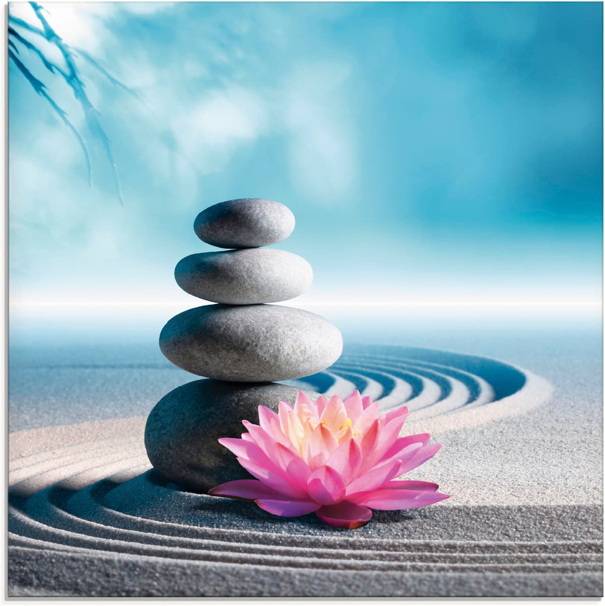 Glasbild ARTLAND "Sand, Lilie und Spa-Steine in Zen-Garten", blau (farbe bild(er): blau), B:20cm H:20cm, Bilder, Glasbild, in verschiedenen Grössen farbe bild(er): blau B/H/T: 20cm x 20cm, Glasbild Zen, 1 Stk.