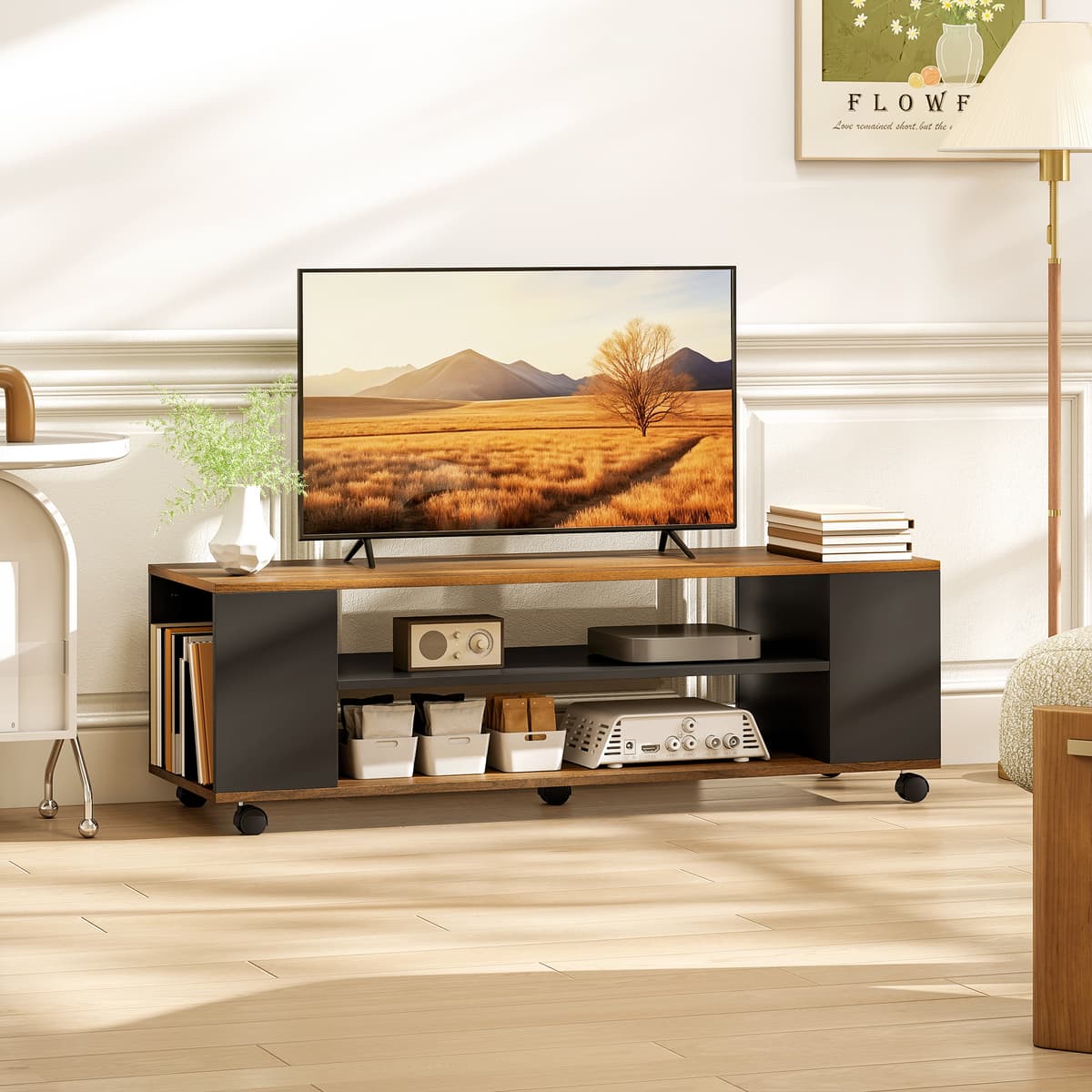 Homcom Mobile TV da Terra con Ruote 4 Ripiani per TV fino a 55 Pollici, 120x40x38,5 cm Noce e Nero   Aosom Italy