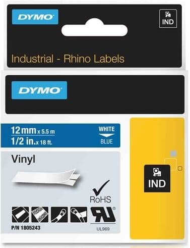 Dymo 1805243 fita vinilo 12MM branco sobre azul