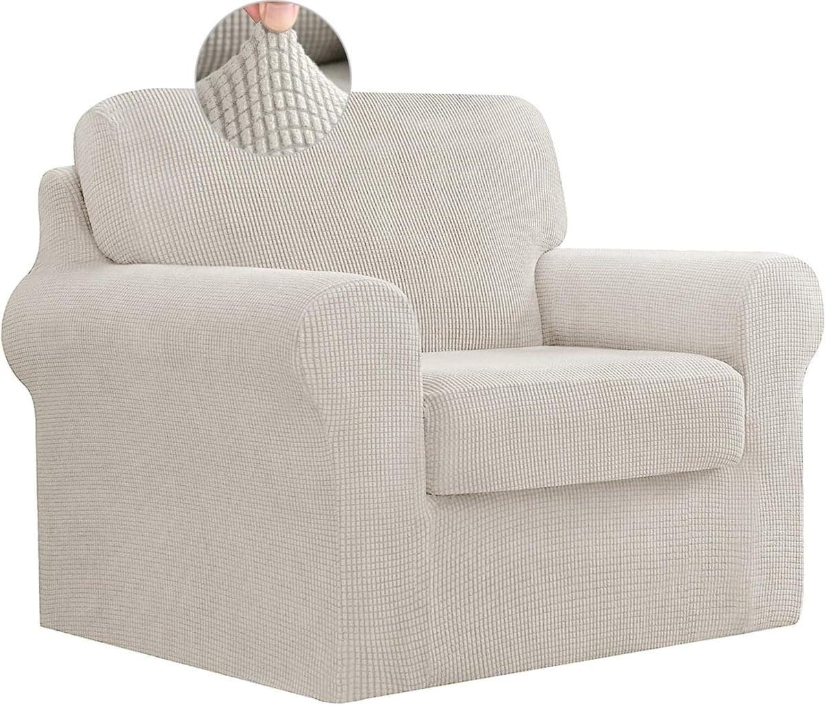 Stretch Sofa Cover Set met Anti-Slip Elastische Band, Beige Jacquard Stof, 1 zits (80-120 cm) met aparte rugleuningen en zitkussens