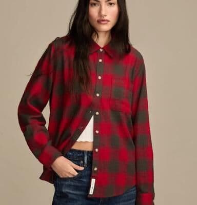 Lucky Brand Clyde Plaid Boyfriend Button Down Shirt - Women's Clothing Button Down Tops Shirts in Red Buffalo Check, Size M
