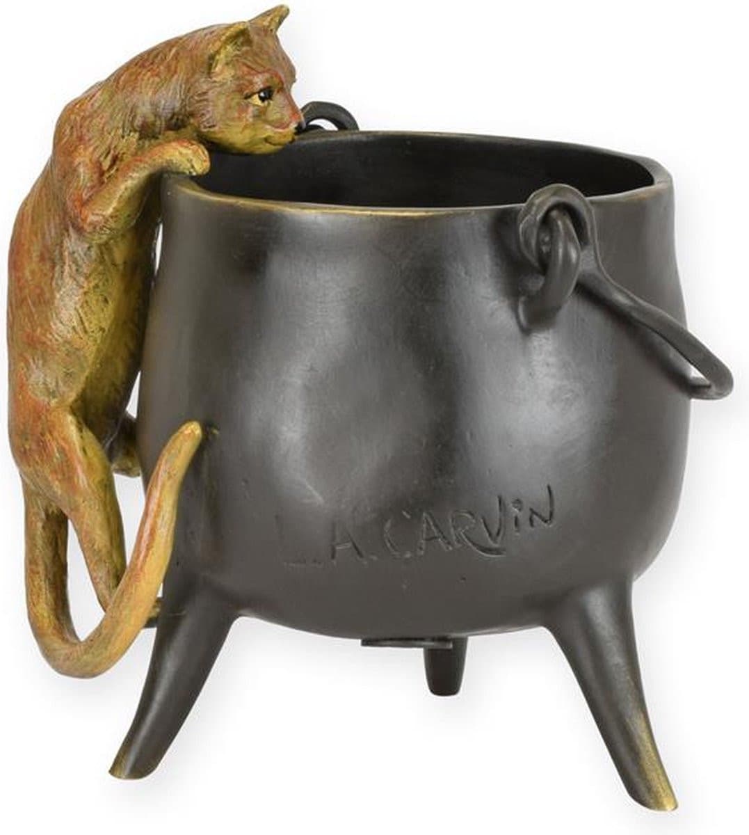 Bronzen beeld van een nieuwsgierige kat voor op tafel, Hoogte: 12,7 cm