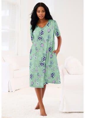 Plus Size Women's V-Neck Short Sleeve Short T-Shirt Lounger by Dreams & Co. in Aquatic Green Bouquet (Size M)