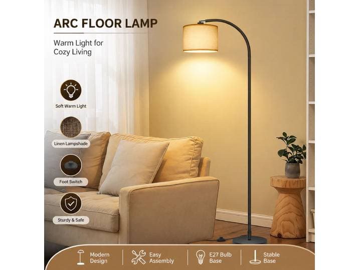 Lampadaire moderne en arc de 170 cm avec abat-jour en lin beige, tête réglable, interrupteur au pied, ampoule LED E27 3000K incluse pour salon et chambre à coucher
