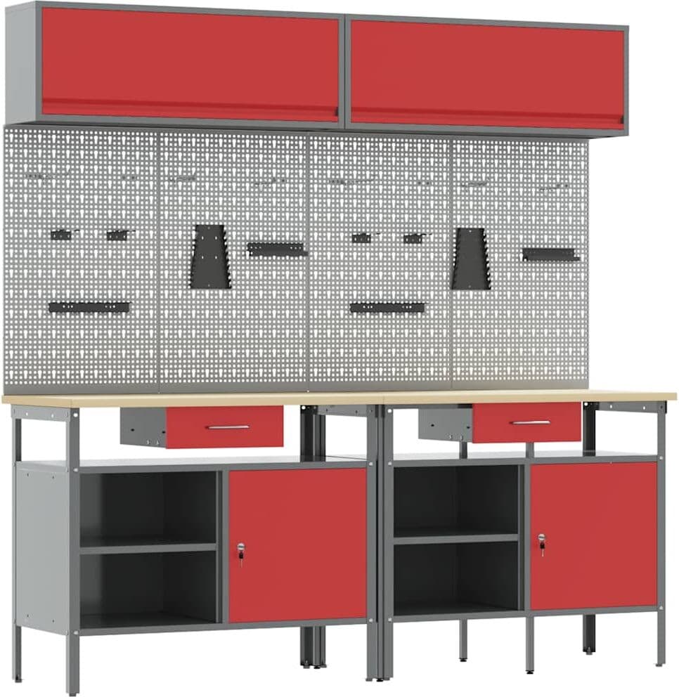 vidaXL Ensemble d'établi 8 pc Rouge et Gris 200 x 55 x 200 cm