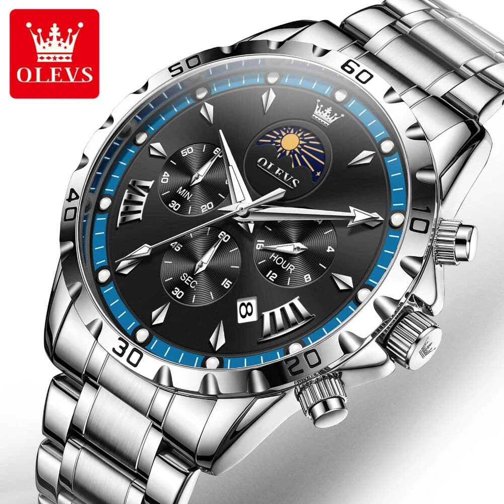 NONE OLEVS 2949 Luxury Men's Watches Original Solid Steel Strap Moon Phase Chronograph Waterproof Multi Function Quartz Watch for Man