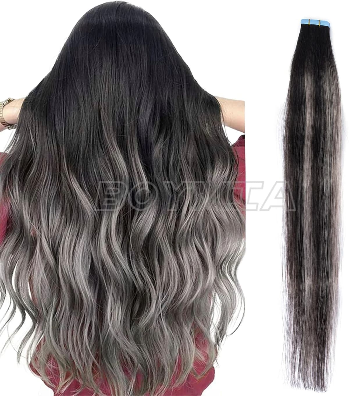 Boymia Tape in Hair Extensions 20 Pieces 100% Human Hair Includes Waterproof Tapes Balayage Ombre Black to Silver Grey Highlights Black