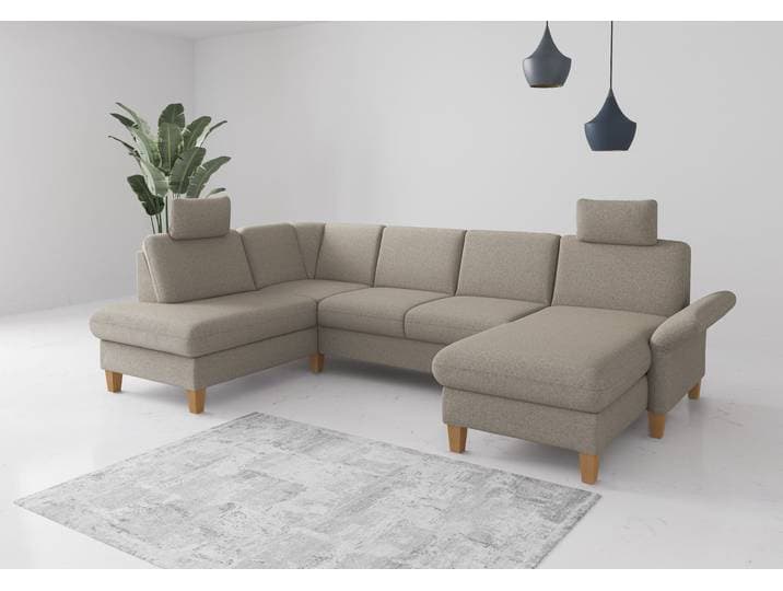 Wohnlandschaft GOODPRODUCT Rochelle, U-Form , grau (taupe), B:314cm H:90cm T:195cm, 95% Polyester 5% Polyamid, Sofas, Wohnlandschaft, optional mit Armteilverstellung, mit Schlaffunktion & Bettkasten
