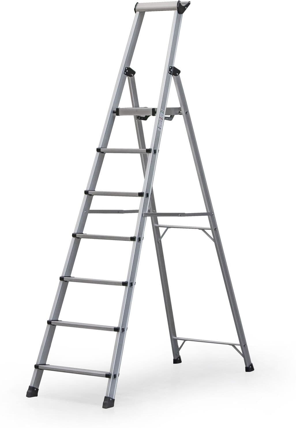 B2B Partner Einseitige Aluminiumtreppe PROFI mit Ablage, 1x7 Stufen, Höhe 1,68 m
