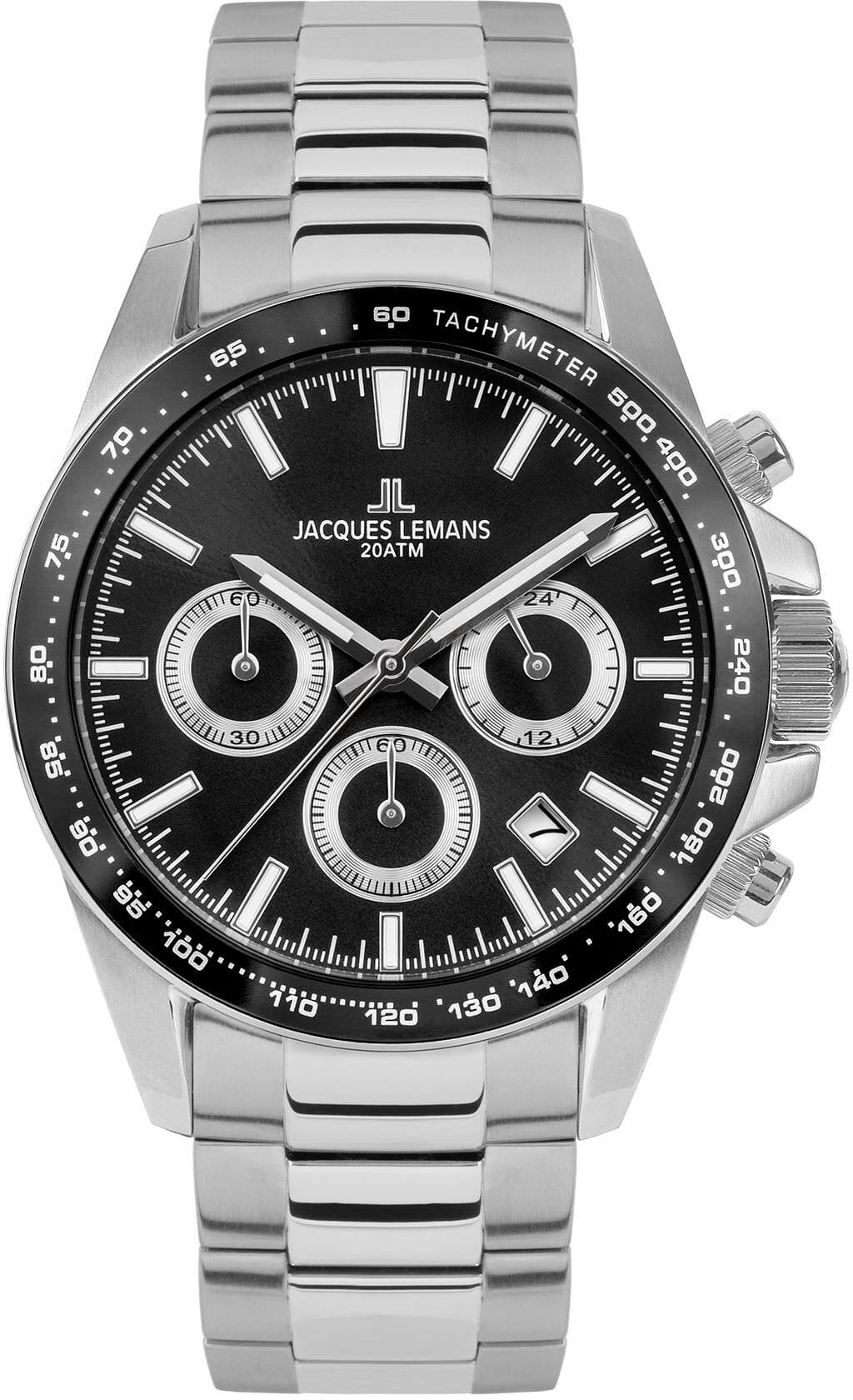 Chronograph JACQUES LEMANS "Liverpool", silber (silberfarben, schwarz, schwarz), Armbanduhren, Herren, silberfarben, Chronograph, Quarzuhr, Armbanduhr, Herrenuhr, Edelstahlarmband,bis 20 bar wasserd.