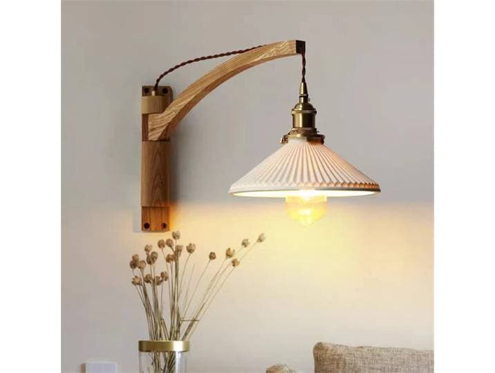Lampe pliante de style mid-century, lampe murale en bois japonais, abat-jour en céramique, lampe de chevet vintage rétro pour la lecture