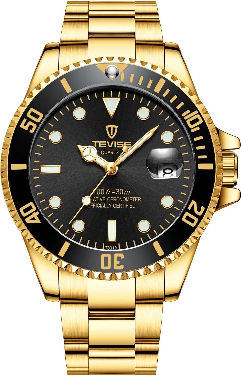 NONE Fashion Tevise Men's Diver Style Quartz Full Stainless Steel Band And Luminous Dial Waterresistant Buseiness Watches
