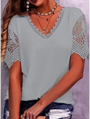 Daily Deals Depot Elegant Lace Sleeve Oversized Blouse For Women Casual Chic Streetwear Top grey xxl