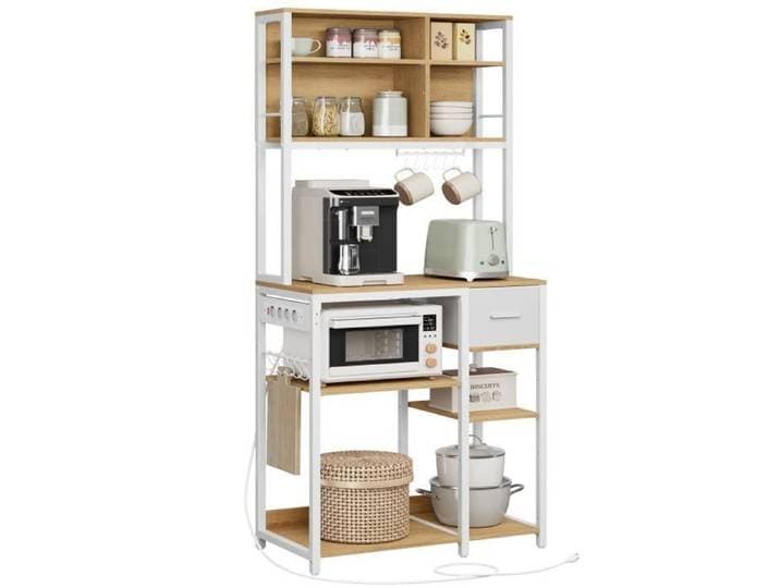 Desserte de cuisine - VASAGLE - Étagère de Cuisine avec Multiprise - 40 x 80 x 180 4 cm Doré Chêne et Blanc Nuage