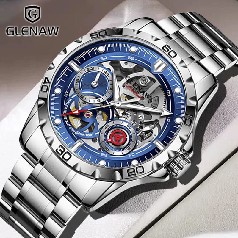 2025 GLENAW Design  Luxury Mechanical Watch Men Stainless Steel Strap Night Light 24-hour Display Waterproof Automatic Watch