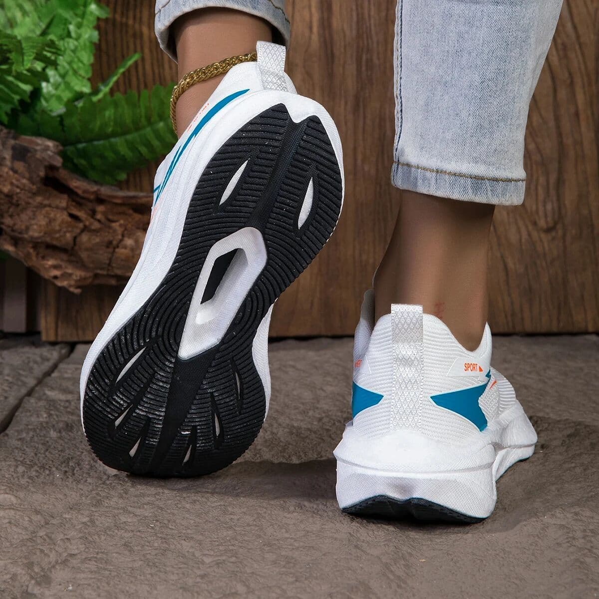 NONE Women's Breathable Mesh Running Sneakers, Lightweight Cushioning Wedge-Shaped Thick-Soled Casual Running Shoes, Non-Slip Rubber Outsole, Walking Training Shoes, Trendy White and Blue Color Scheme,