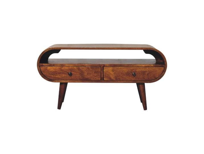 Artisan Furniture Runder TV-Ständer im Kastanienholz-Finish, 2 Schubladen, 1 Offenes Fach, Nordische Beine, Kastanienfarben, Holz, Echtholz,Mangoholz, Holz Optik, Rund, 90x45x35 cm, Wohnzimmer, TV Möbel, Lowboards, Lowboards stehend
