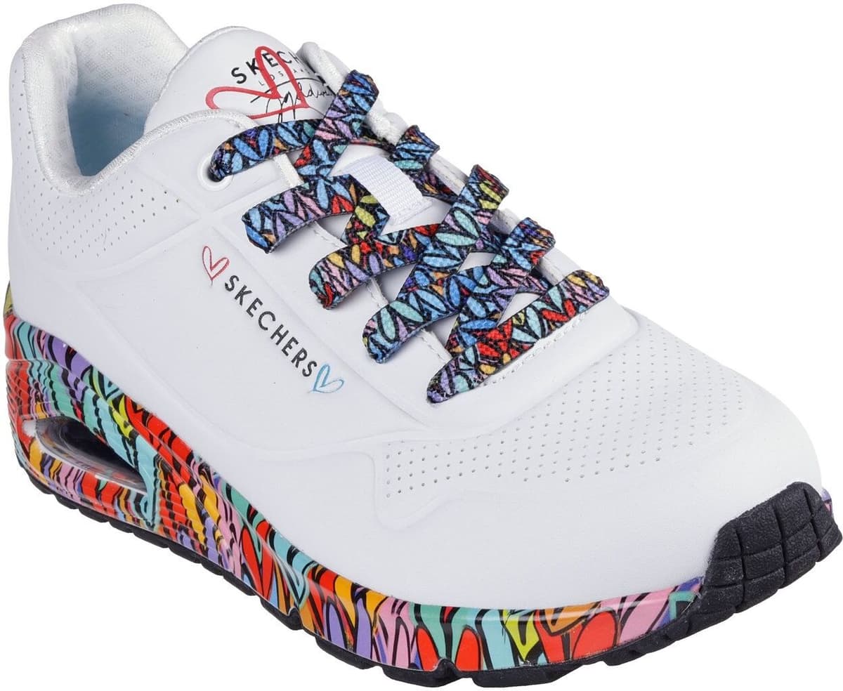 Sneaker SKECHERS "UNO", Damen, Gr. 35, Textil, bunt (weiß, bunt), Lederimitat, kontrastfarbene Details, Schuhe Sneaker, Plateausneaker, Schnürschuh mit Keilabsatz weiß, bunt 35, Textil