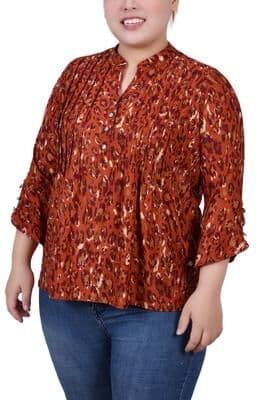 NY COLLECTION 3/4 Sleeve Overlapped Bell Sleeve Y Neck Top