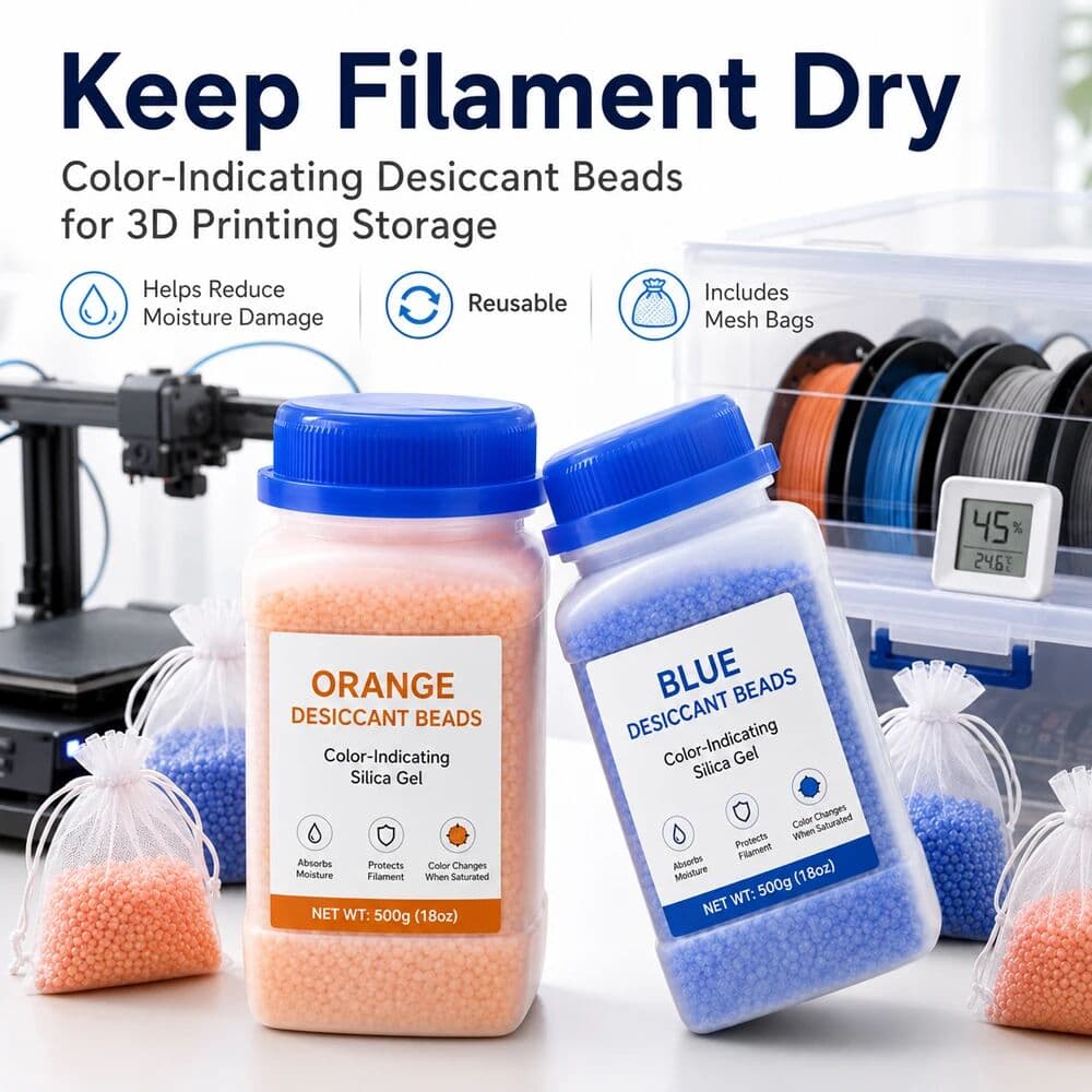 Unique Reusable Silica Gel Desiccant Beads for 3D Printer Filament, Color Changing Moisture Absorber with Bags for Spool Dry Box