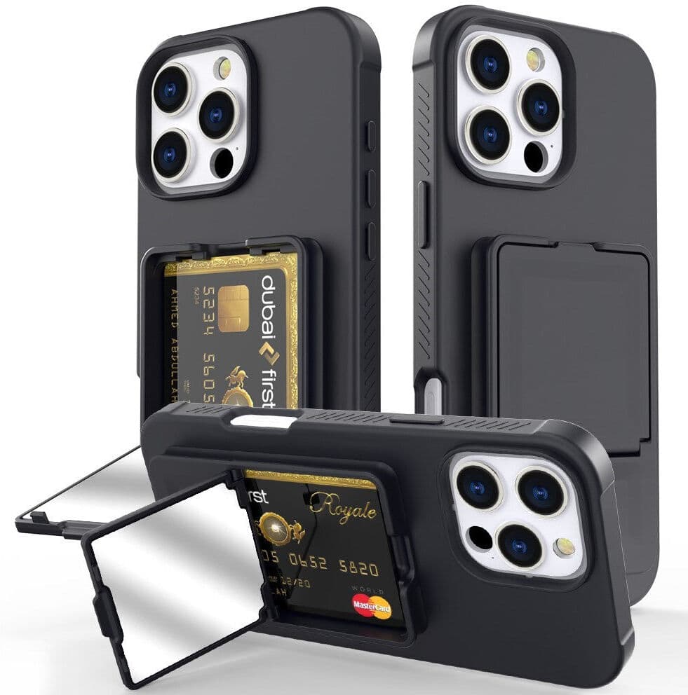 EIDERWOOD iPhone 16 Pro Max Fleksibelt Plastik Bagside Cover m. Kortholder & Indbygget Spejl - Sort