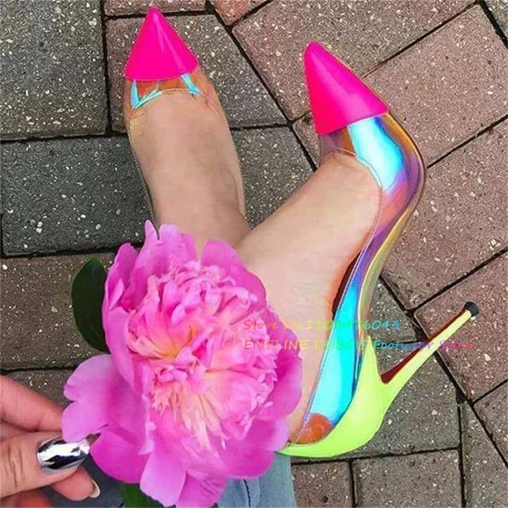 Emeline Dubois Women Pointed Toe Neon Pink Patchwork Patent Leather Stiletto Heel Pumps Reflective PVC Clear High Heels Wedding Dress Shoes