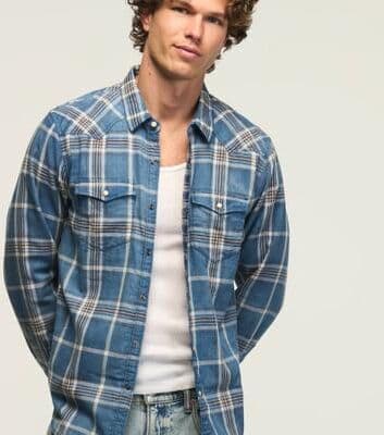 Lucky Brand Long Sleeve Double Gauze Mesa Western Shirt - Men's Clothing Outerwear Shirt Jackets in Indigo Blue Plaid, Size M