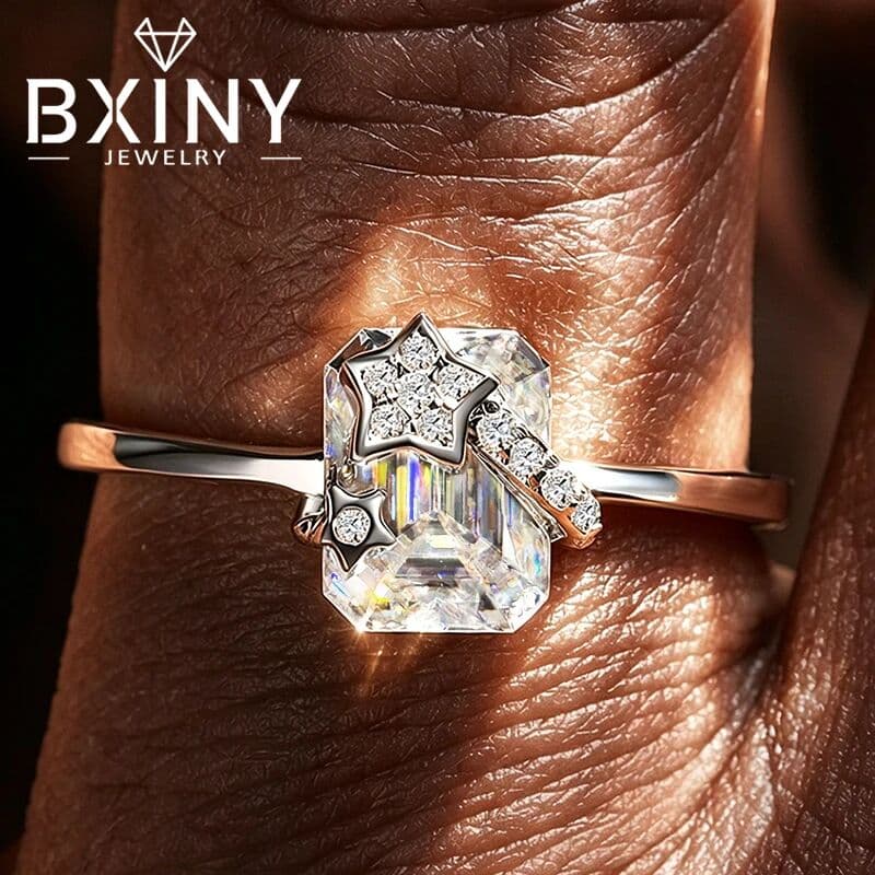 BXINY 2CT Emerald Cut Full Moissanite Ring 925 Sterling Silver For Women Shooting Star Lab Diamond Wedding Band Fine Jewelry GRA