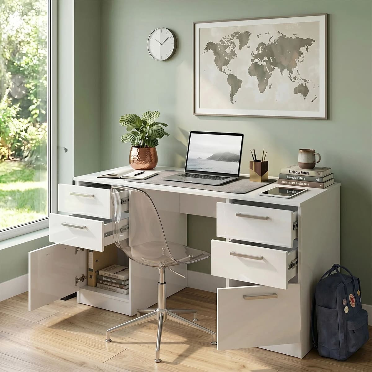 garneroarredamenti Scrivania 138x68 cm con doppia cassettiera bianco opaco e bianco lucido Dania