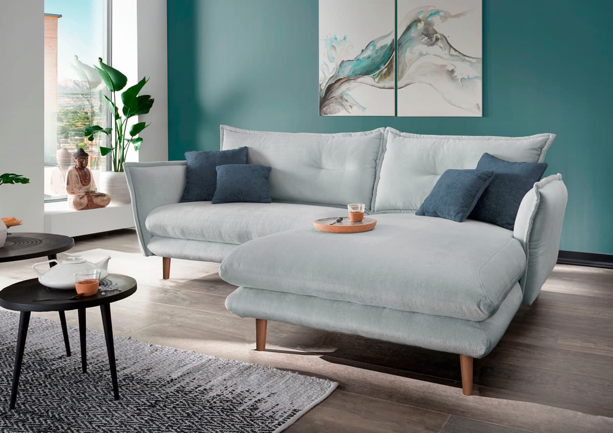 Ecksofa HOME AFFAIRE "Levke aktuelles Design: Kissen Optik, Holzfuß naturfarben, bequem", blau (hellblau, zierkissen dunkelblau), B:255cm H:94cm T:180cm, 100% Polyester, Sofas, Ecksofa, zwei verschiedene Fußfarben wählbar