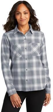 Port Authority LW669 Women's Plaid Flannel Shirt in Gray/Cream Open size Large   Cotton/Polyester Blend
