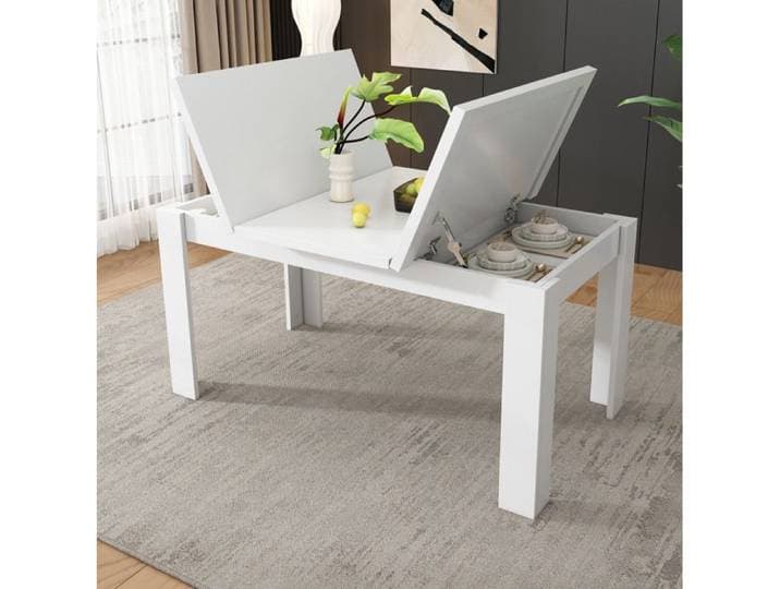 Table à manger rectangulaire AESVAR 120 x 70 cm avec rangement intégré plateau relevable MDF blanc