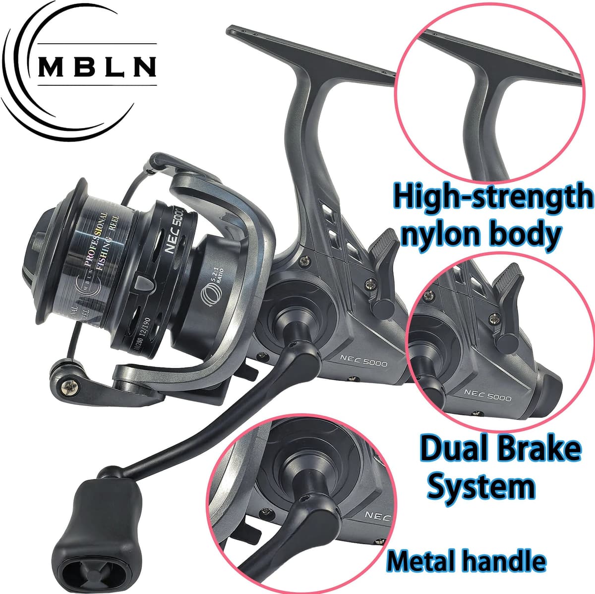 NONE Carp Fishing Reel with Dual Drag, Aluminum Handle & Spool, 5.2:1 High-Speed Gear Ratio Spinning Reel