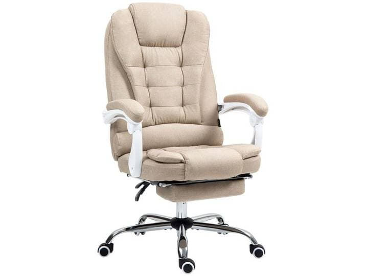 Fauteuil de direction ergonomique en lin beige avec repose-pieds dossier inclinable siège grand confort pour bureau et télétravail