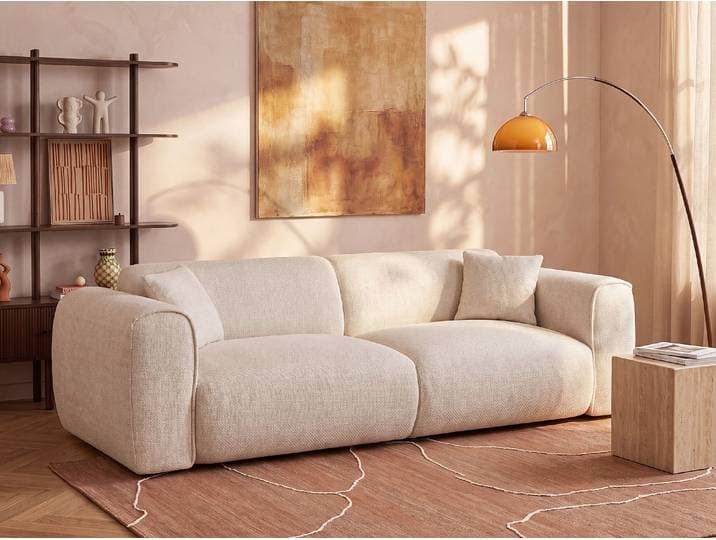 Vierzitsslaapbank express in beige gestructureerde stof - Slaapoppervlak 160 cm - 16 cm matras met traagschuim POGNIA