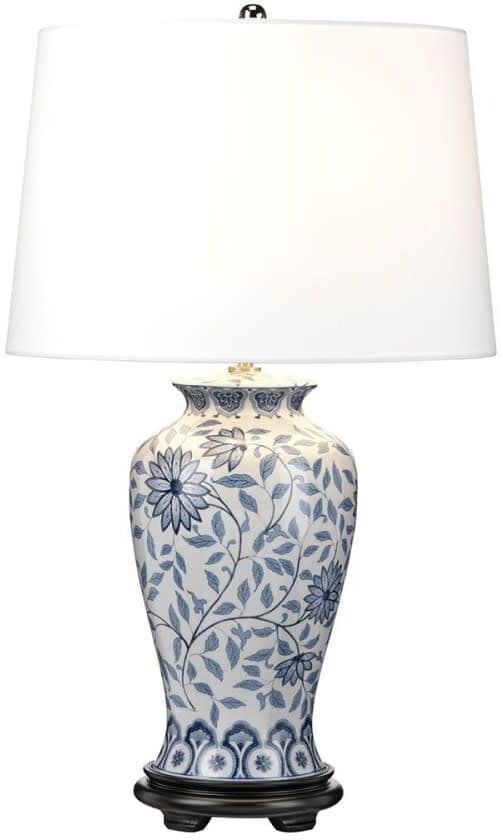 ELSTEAD LIGHTING Lámpara de mesa clásica en cerámica blanca y azul con diseño floral