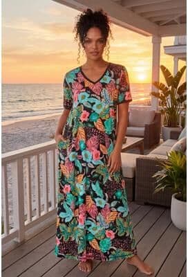 Plus Size Women's V-Neck Short Sleeve Maxi T-Shirt Lounger by Dreams & Co. in Black Multi Floral (Size 5X)