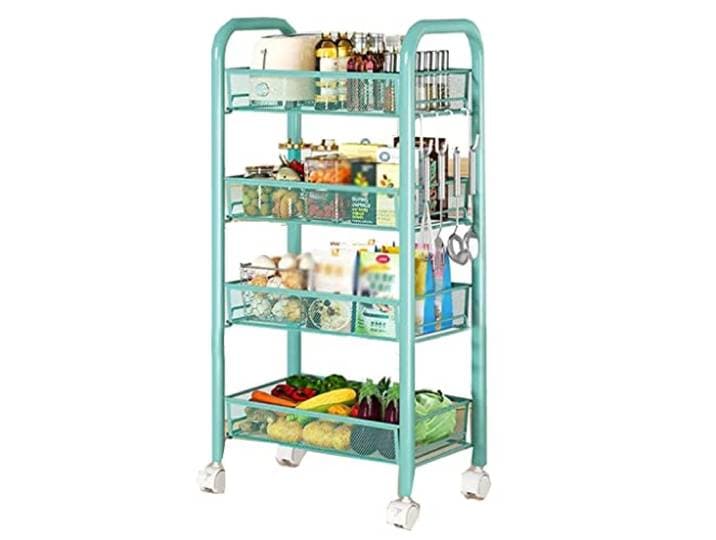 Rollwagen, Metallwagen feststellbare Räder 4 Haken Küche Bad(/Green 4 Tier)