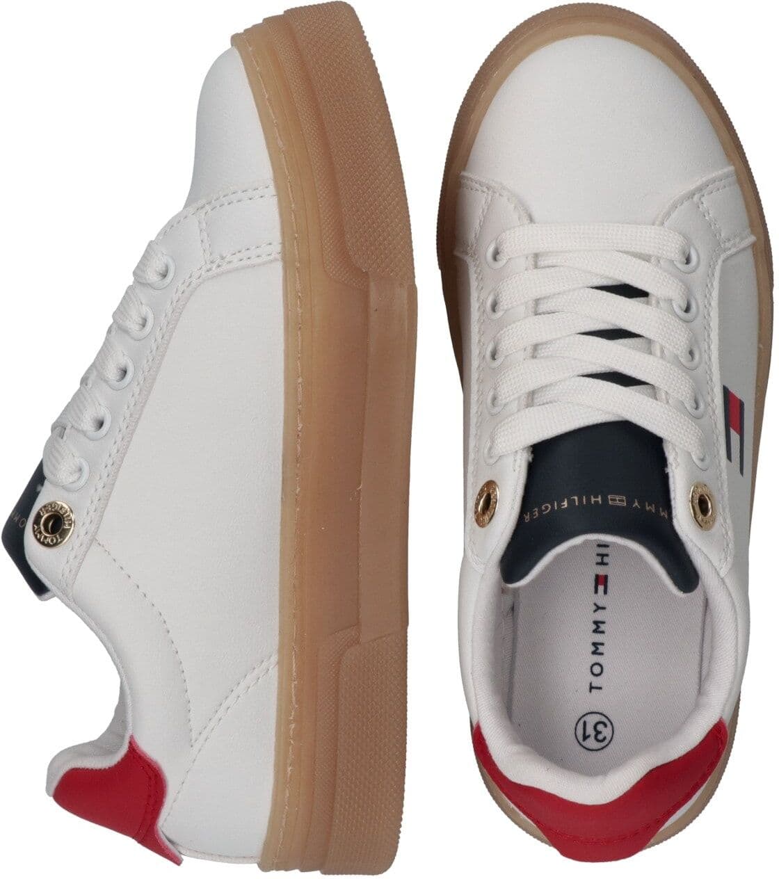 Sneaker TOMMY HILFIGER, Damen, Gr. 37, weiss (weiß, blau, rot), Synthetik, Textil, Schuhe Sneaker, Retro Sneaker, Schnürschuh, Halbschuh mit Plateausohle weiß, blau, rot 37