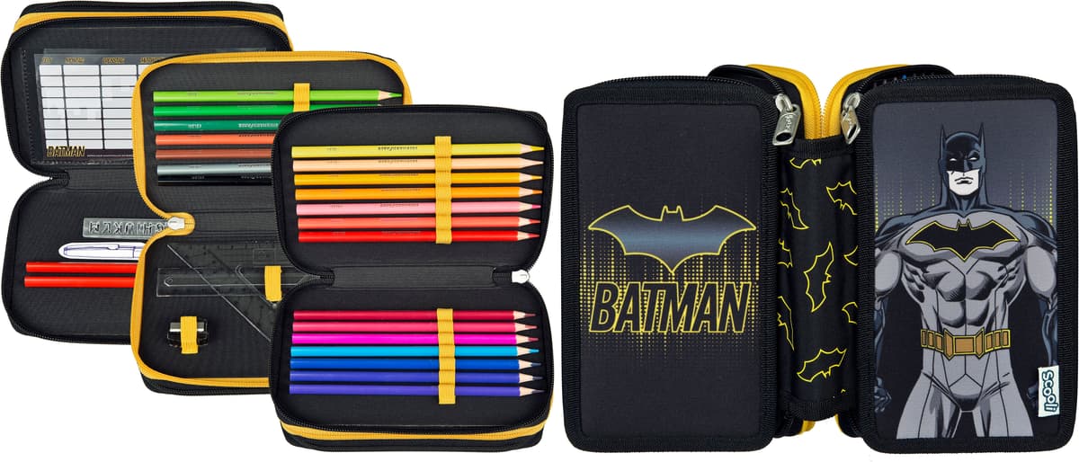 Federmäppchen SCOOLI "Tripledecker", Kinder, schwarz (batman), Polyester, Schreibgeräteetuis Federmäppchen batman Einheitsgröße