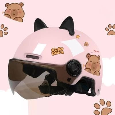 Multisell Products Hub Breathable Sunscreen Motorcycle Half Helmet, Capybara Sticker Electric Bicycle Helmet With Cat Ears black grey Lenses
