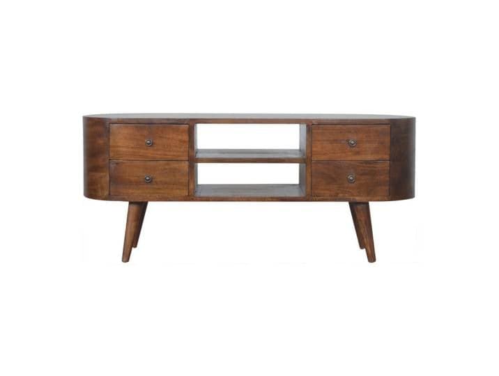 Artisan Furniture Unterhaltungsmöbel in Kastanien-Finish,4 Schubladen, 2 Offene Regale, Beine im Nordischen Stil, Braun, Holz, Echtholz,Mangoholz, Holz Optik, Rechteckig, 110x47x35 cm, Wohnzimmer, TV Möbel, Lowboards, Lowboards stehend
