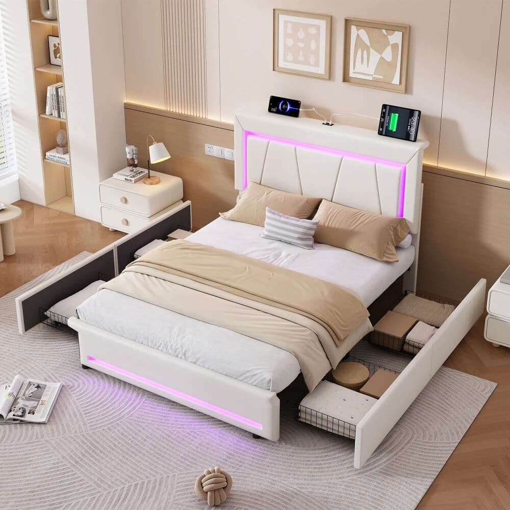 PINGGO Upholstered Bed, 4ft6 double bed 135x190cm, Storage Bed, Soft backrest, 4 drawers with pulleys, Light strips, With bed slats, For adults & teenagers,USB Type-C Charging Function,Velvet,No