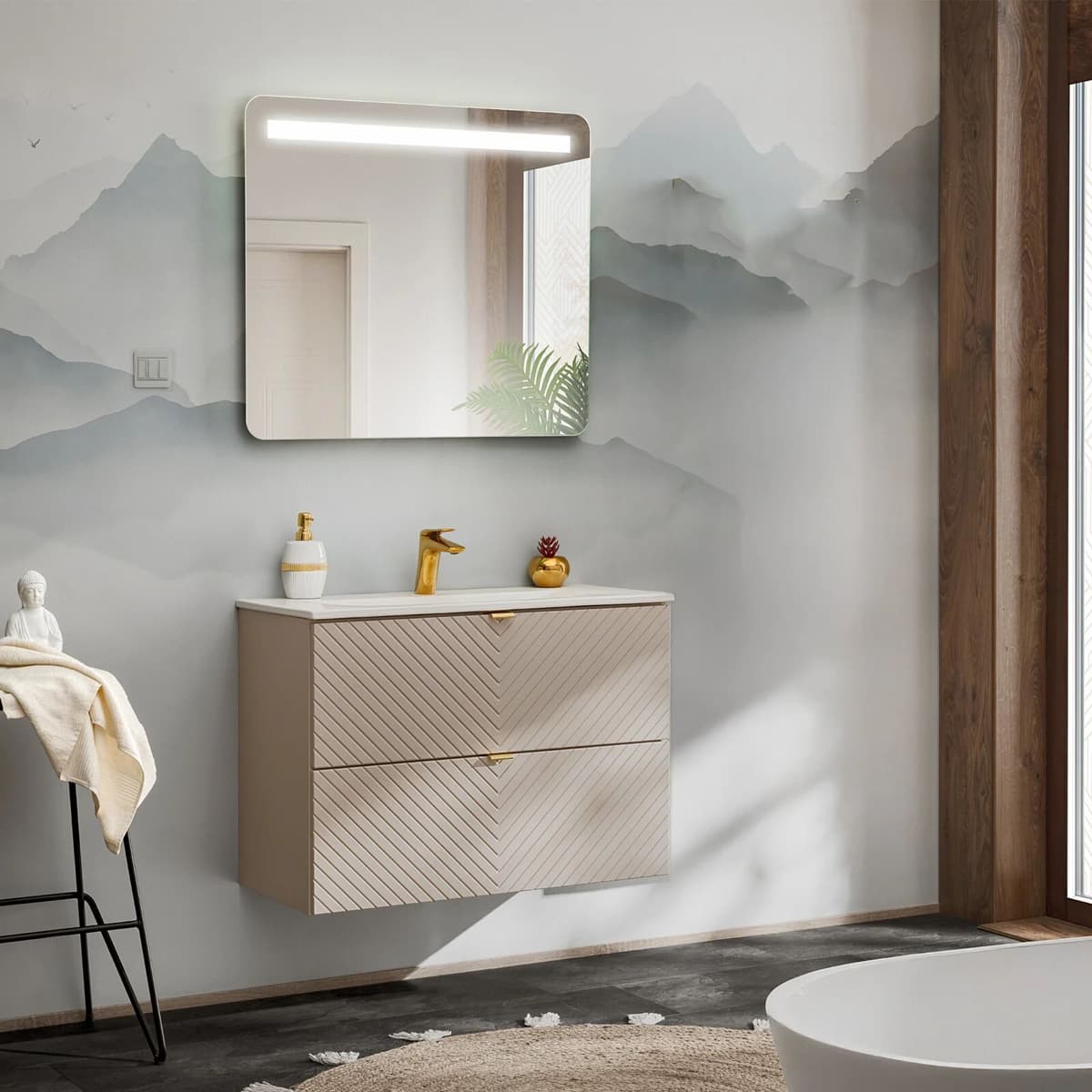 garneroarredamenti Mobile bagno sospeso 80cm con lavabo 2 cassetti beige cashmere Neutry